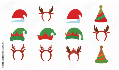 Cute Christmas and New Year hats and festive headwear cartoon vector illustration