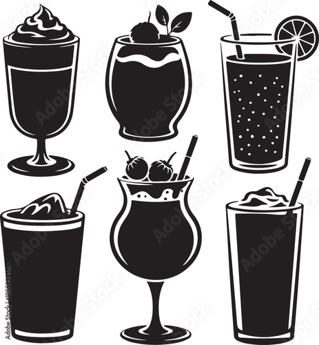Assorted stylish drink illustrations with toppings and straws