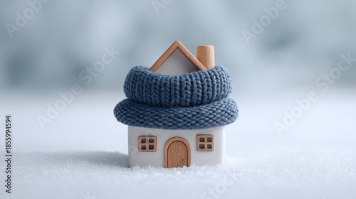Cozy miniature house wrapped in blue knit sweater on soft snow background, winter season home decor concept, warmth and comfort idea in chilly weather