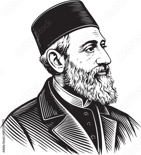 Rabbi Portrait Hand-drawn Sketch Drawing Vector Illustration, Line Linear Symbol Engraving Coloring Book, Black and White Isolated