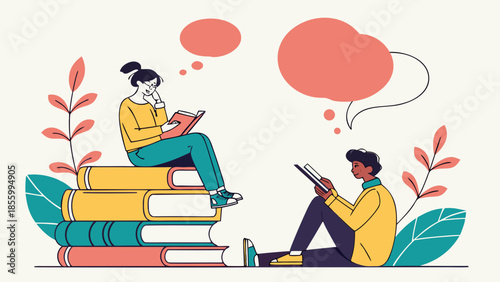Cartoon illustration of a school boy and girl reading books together, featuring children students engaged in education through art and vector drawing