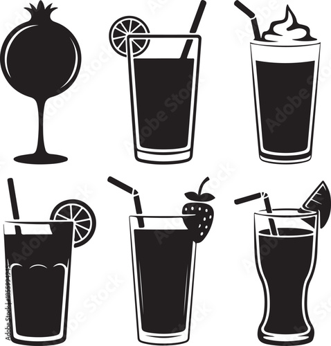 Assorted summer drinks and pomegranate in stylish icons set