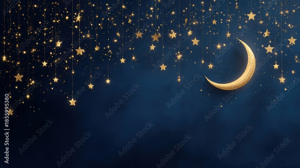 Fototapeta premium Golden crescent moon and stars hanging on strings against blue background