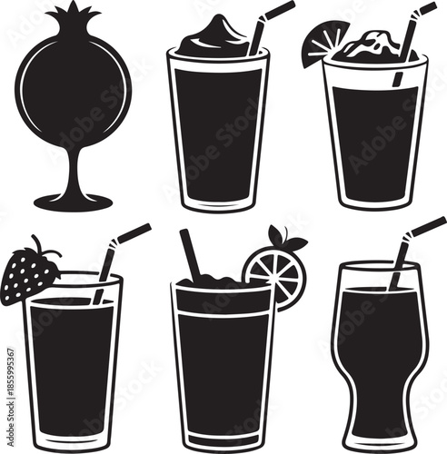 Assorted refreshing summer drinks and pomegranate illustration set
