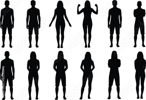 Black human body silhouettes set isolated on white background, male and female figures in various standing poses, cad drawing flat vector illustration