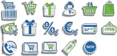 Ecommerce and online shopping flat icon set with carts payments discounts customer service gifts labels for retail marketing