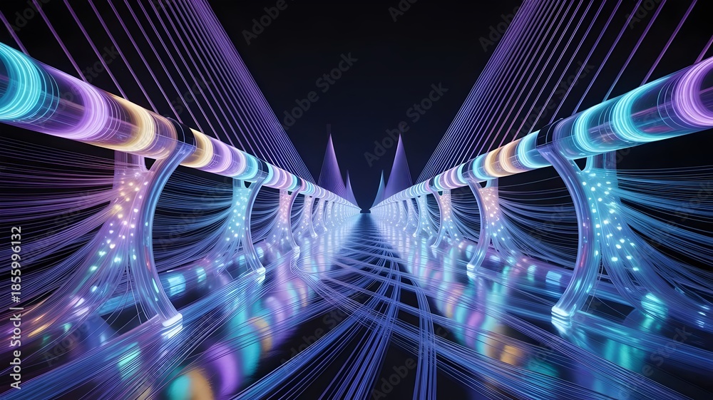 Fototapeta premium Futuristic bridge made of glowing fiber optic cables - Suitable for connectivity, infrastructure, future travel, or technological advancement.