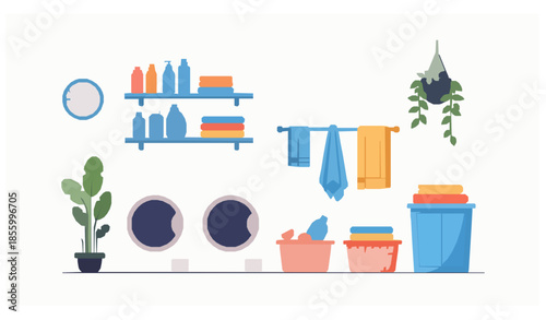 Modern colorful laundry washing room vector illustration with washing machine and home interior