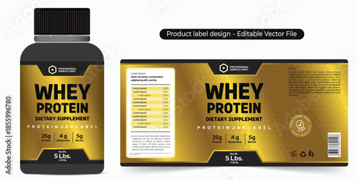 Whey Protein Powder Label Design, Logo and Packaging design. Supplement jar label design, health product BCAA glutathione, black gold shiny label editable vector file, chocolate flavour powder label