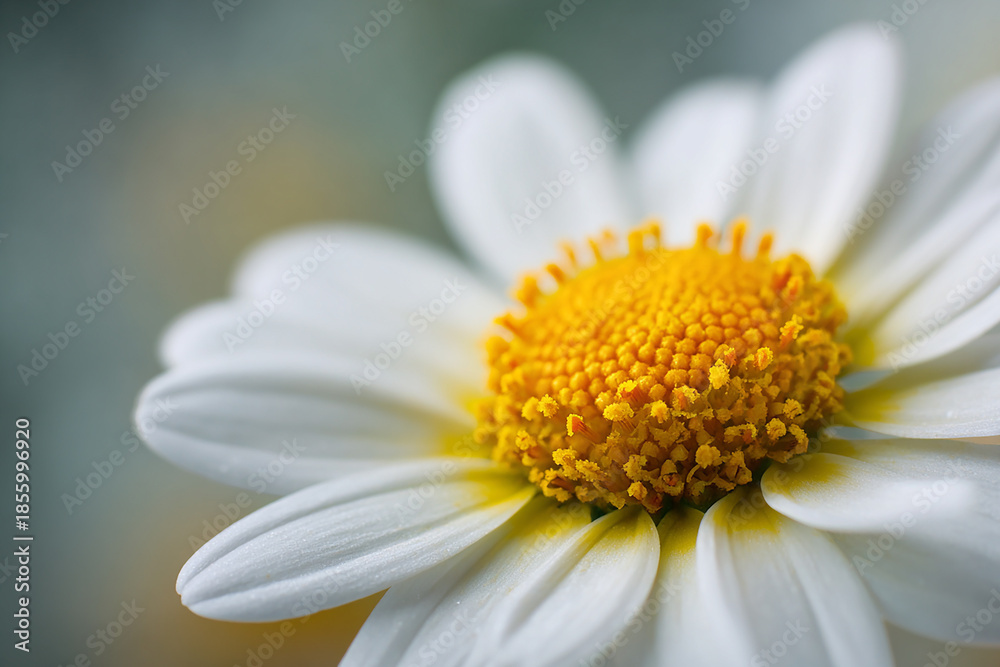 Fototapeta premium Beautiful close up composition of white daisy petals surrounding vivid yellow centers in spring scenery