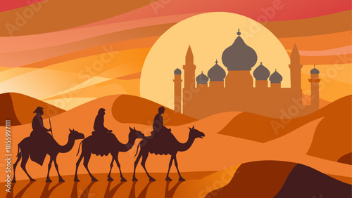 Camel caravan journeying across the golden desert dunes towards an ancient city at sunset