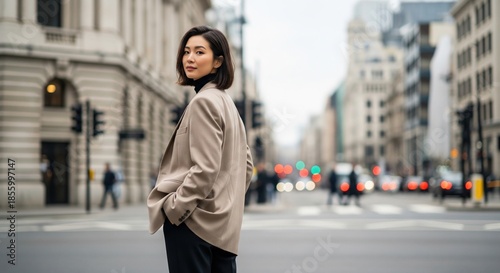 Stylish young woman in beige blazer looking back over shoulder on busy city street road