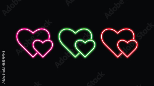 Neon Glowing Heart Outline Icons Set in Pink Green and Red on Black Background
