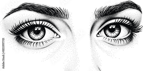 Detailed hand drawn female eyes with long eyelashes and thick eyebrows in stippling dotwork style cad drawing flat vector illustration