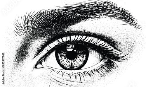 Detailed Human Eye and Eyebrow Stipple Art Illustration with Eyelashes in Vintage Engraving Style, Monochrome Vector Drawing for Cosmetic Beauty Design