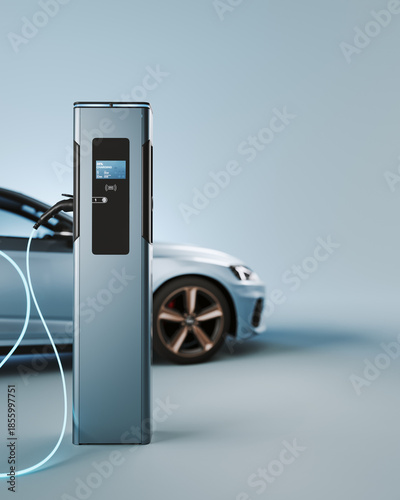 Obraz na plátně Gray electric car connected to charger on gray background with copy space