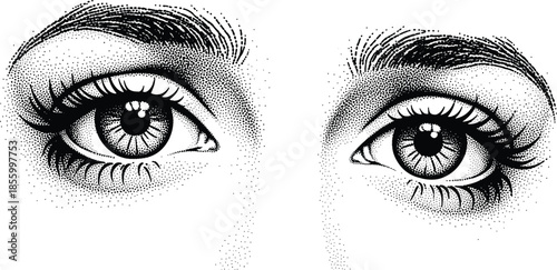 Detailed human eyes with long eyelashes and brows stippling art vector illustration featuring expressive gaze and organic skin textures