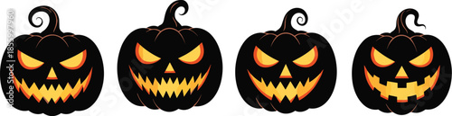 Halloween pumpkin jack o lantern character set with glowing faces, spooky expressions, and black silhouettes isolated on white background