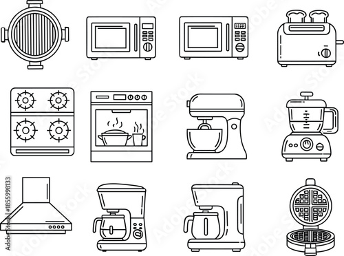 Kitchen and home appliance line icon set with cooking baking coffee preparation electric equipment symbols for household design