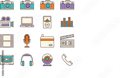 Colorful flat media and technology vector icon set with cameras, audio devices, film elements, recording tools, and digital communication symbols