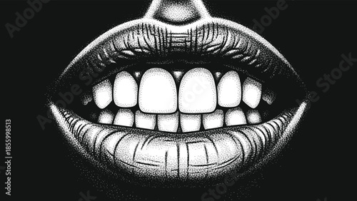 Human Mouth Open Showing Healthy White Teeth And Lips Detailed Stipple Art Drawing Cad Drawing Flat Vector Illustration Graphic Design