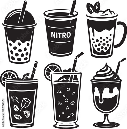 Assorted cold and hot beverages in different cups and glasses illustration