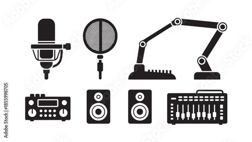 Audio equipment and robotic machinery illustrated in a graphic design