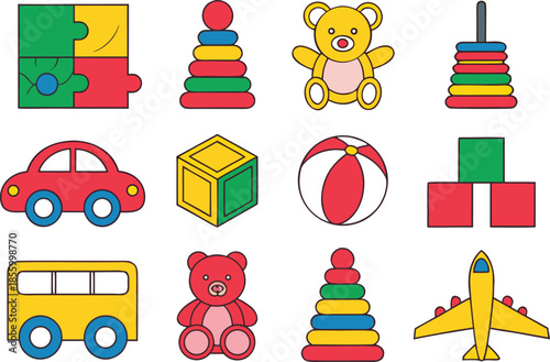 All Kinds of Children Toys Collection. Kids Toys Variety Set Illustration. Educational and Fun Children Toys Set. Colorful Children Toys Collection. Playtime Baby and Kids Toys Variety Illustration