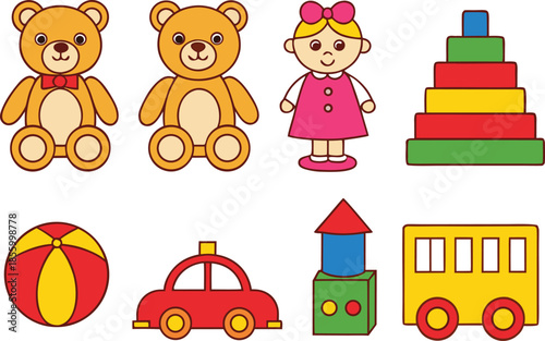 All Kinds of Children Toys Collection. Kids Toys Variety Set Illustration. Educational and Fun Children Toys Set. Colorful Children Toys Collection. Playtime Baby and Kids Toys Variety Illustration