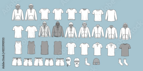 Set of clothing items including hoodies, t-shirts, jackets, accessories, flat fashion illustration on blue background