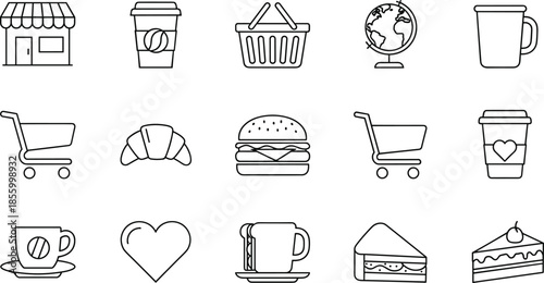 Minimalist black and white line icons set featuring food, drink, shopping, and travel symbols for web, app, and graphic design