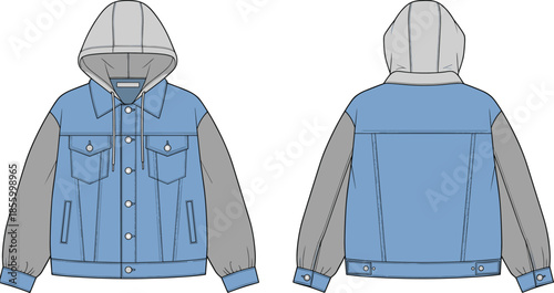 Technical flat sketch of hooded denim jacket with contrast sleeves, button closure, pockets, front and back view, vector illustration