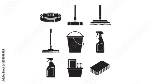 Collection of cleaning tools and supplies arranged neatly on a white background