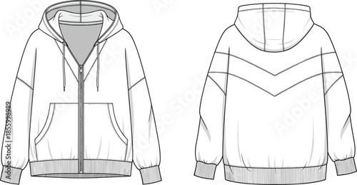 Technical flat sketch of hooded zip-up jacket front and back view with chevron seam detail, vector fashion illustration