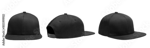 Fotografía Set of black snapback mockup, cap mockup, hat mockup isolated on solid white bac