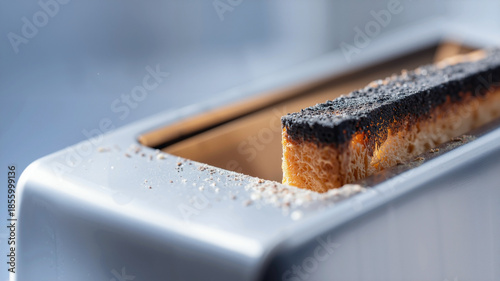 Extreme close-up of burnt toast slice inside silver toaster slot, charred black crust with carbon dust texture, minimalist kitchen appliance photography