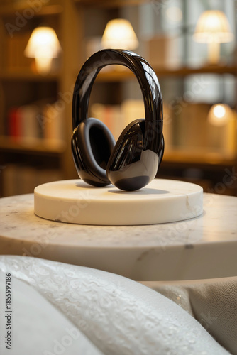 Sleek ultra-glossy black headphone headband on white marble stand with warm library reflection, premium audio lifestyle portrait, editorial composition for commercial use.