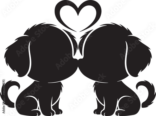 Cute black silhouette of two puppies with a heart