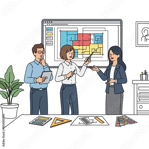 Architectural team collaborating on a blueprint for a modern building design, discussing plans with a digital interface
