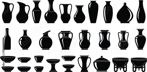 Ancient pottery silhouettes collection of vases, jars, bowls, amphorae, pitchers in classical ceramic styles for historical design themes