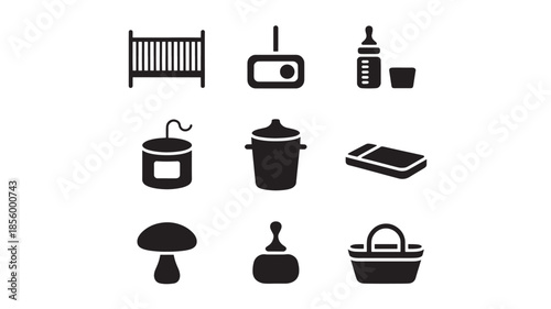 Various black household items and accessories are arranged neatly on a white background in a digital illustration.