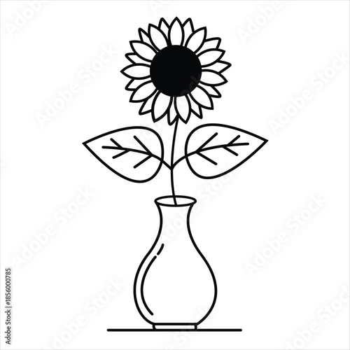 Minimalist black and white line art illustration of a sunflower in a vase suitable for coloring or web design.
