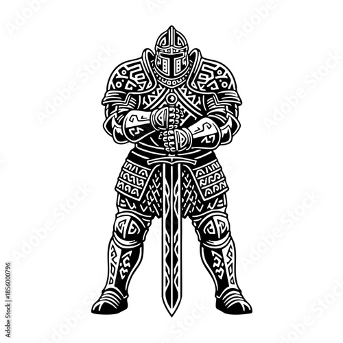 Intricate armored knight warrior standing with large sword