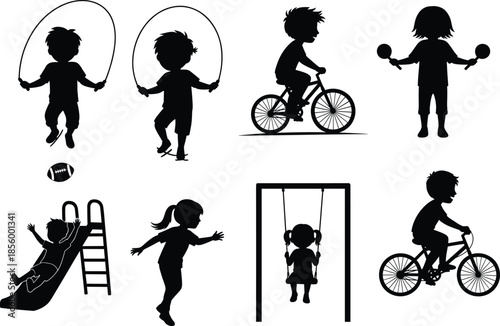 PrintChildren Playing Outdoors Silhouette Vector Set Featuring Jump Rope, Bicycles, Swings, Slides, Sports, and Fun Activity ScenesChildren Playing Outdoors Silhouette