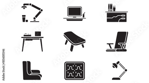 Collection of modern office furniture and equipment icons displayed in a grid on a white background