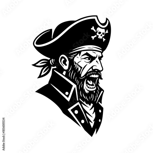 Furious Pirate Captain Head Wearing Tricorn Hat Mascot Logo