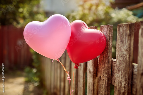 Realistic pink and red heart balloons tied to rustic surface captured softly in warm natural light