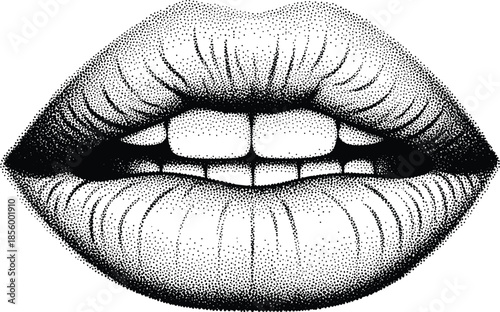 Detailed stipple art lips with teeth isolated on white background hand drawn dot work style for beauty and fashion design