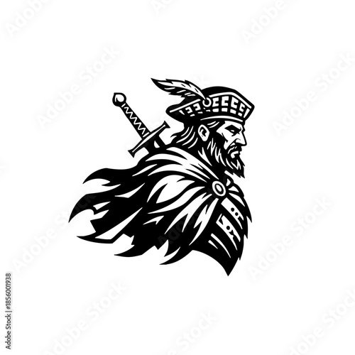 Heroic Medieval Warrior Mascot Logo Black and White Illustration