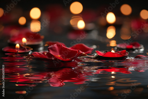 Realistic red rose petals floating on calm water captured softly in warm natural sunlight